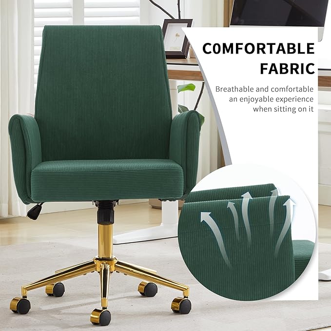 Striped Velvet Office Chair, 360° Swivel Ergonomic Task Chair with High Back, Gold Base and Wheels, Height Adjustable Modern Accent Chair for Home Office, Living Room, Study, Vanity Room (Green)