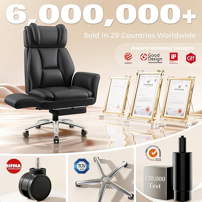 Big and Tall Office Chair, Flip Armrests for Pets & Cross Legged Sitting, Ergonomic Leather Executive Desk Chair with Foot Rest, High-Back Reclining Computer Chairs for Office Home Game - Black