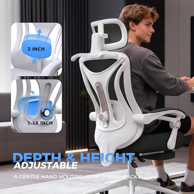 Ergonomic Office Chair with Footrest - Adjustable Lumbar Support & Headrest, 90-160° Reclining Mesh Back Computer Chair - Home Office/Gaming, 350lbs Capacity (SGS Certified)