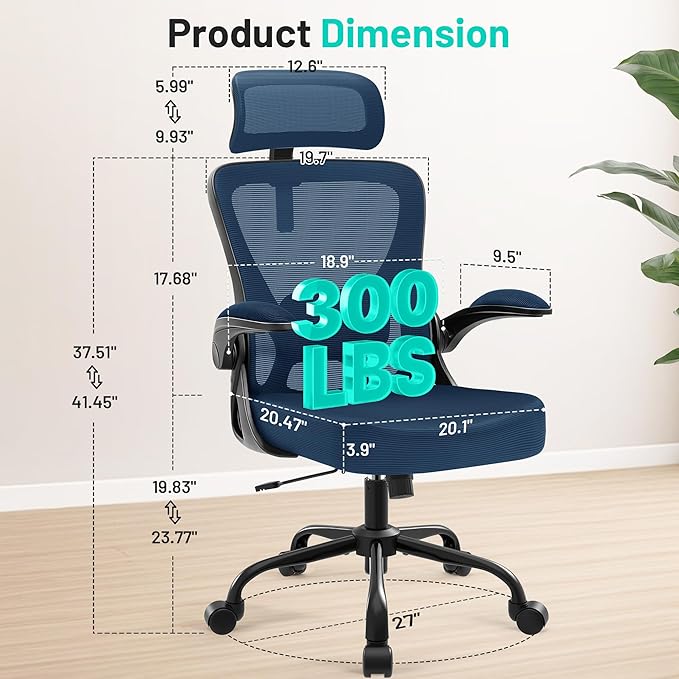 AreShark Office Chair - Ergonomic Desk Chair Breathable Mesh Chair with 2D Headrest & Adjustable Lumbar Support - Executive High Back Rolling Swivel Computer Gaming Chair with Wheels Flip-up Armrests