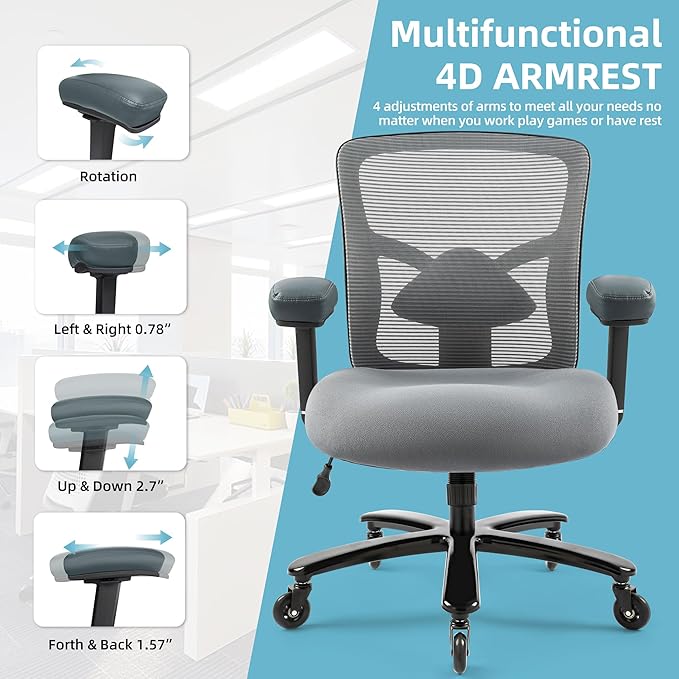500LBS Big and Tall Office Chair with 4D Armrests & Adjustable Backrest, Heavy Duty Office Chair for Heavy People, Memory Foam Seat Filling Springs, Grey