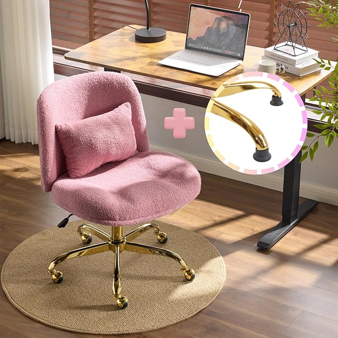 VINGLI Wide Criss Cross Legged Office Chair,Buttprint Ergonomic Desk Chair Comfy with Pillow&Gold Base,Dual-Use with/no Wheels,Adjustable Vanity Swivel Chair for Bedroom,Home Office,Teddy Plush,Purple
