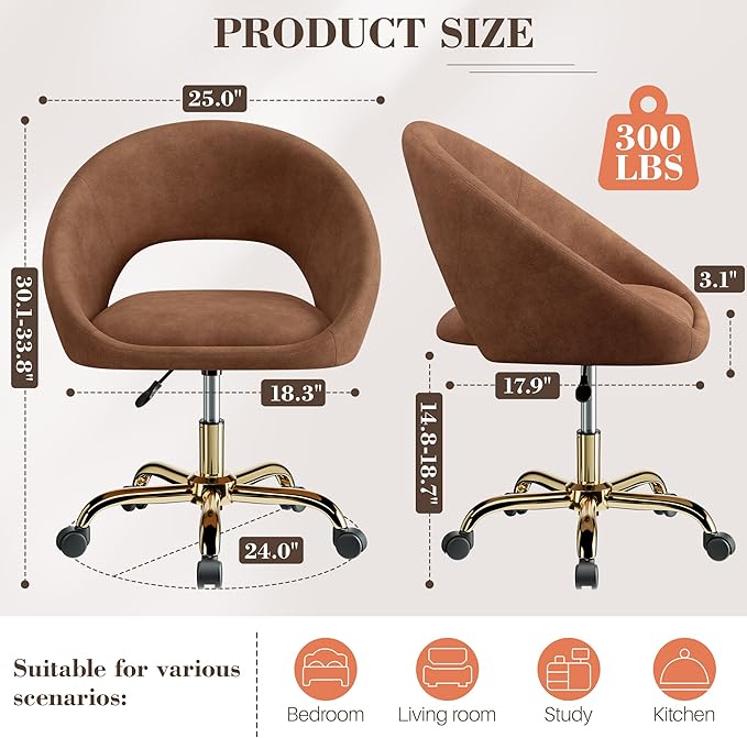 Vanity Chair with Wheels, Modern Makeup Vanity Chairs with Back Adjustable Height, Comfy Cute Home Office Desk Chairs for Bedroom, Living Room (Brown)