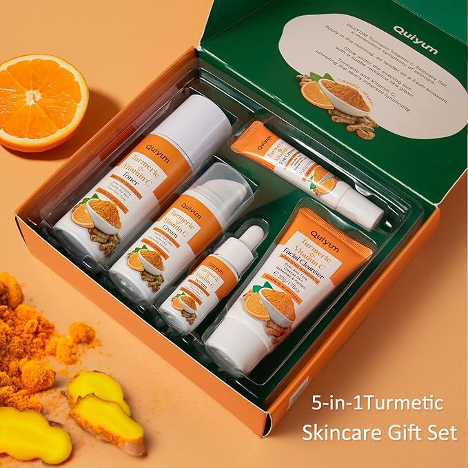 Skincare Set Turmeric Teen Face Care Kit Girls, Skin Care Set Hydrating & Cleaning, 5PCS Turmeric Skin Care Products - Cleanser, Toner, Face & Eye Cream, Serum, Travel Skincare Gift Set For Women