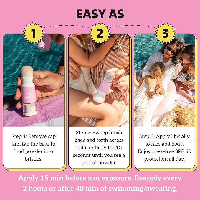 SPF 50 Mineral Sunscreen Powder, Broad Spectrum UVA/UVB Protection Sunscreen, Mess Free Brush On Applicator, Clean & Cruelty Free, Water Resistant (80 Minutes), Pink, Medium