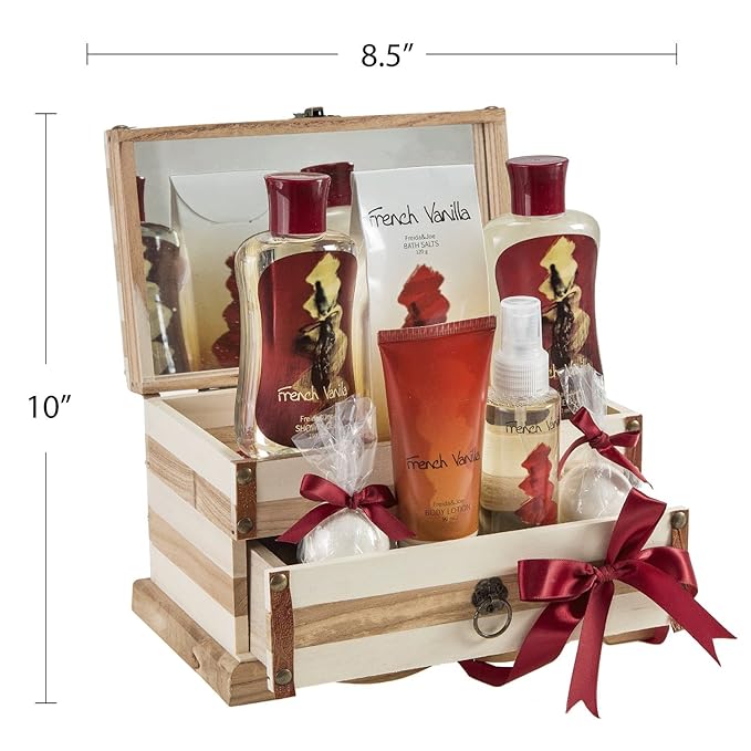 French Vanilla Bath Set Essential Bath and Body Basket: 2 Vanilla Bath Bombs, Body Lotion, Body Spray, Bath Salts, etc in a Wooden Jewelry Box Gift – Mother's Day Gift for Mom