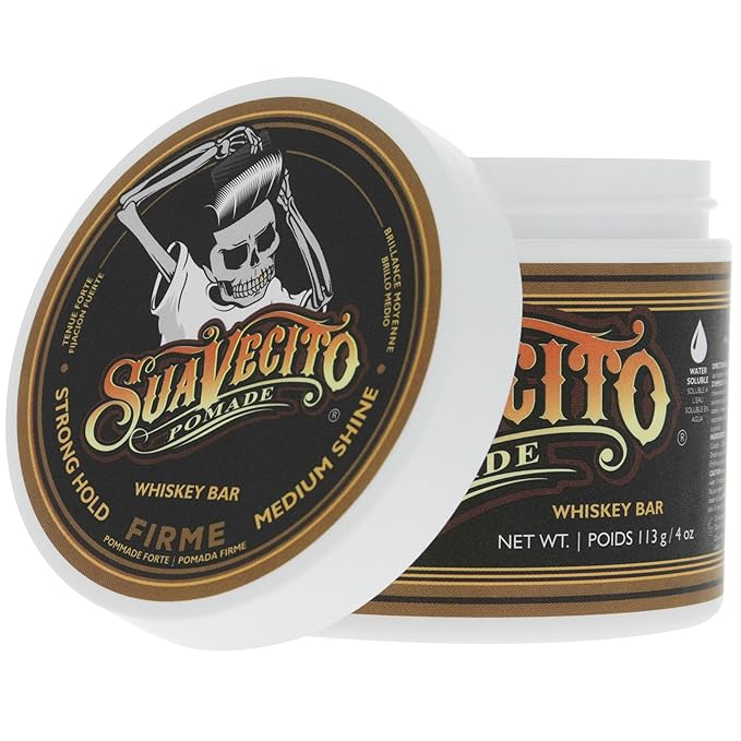 Suavecito Pomade Firme (Strong) Hold Whiskey Bar Scent 4 oz - Pomade For Men - Medium Shine Water Based Wax Like Flake Free Hair Gel - Easy To Wash Out - All Day Hold For All Hair Styles
