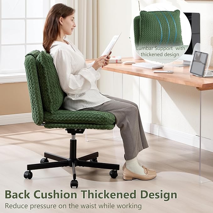 Fizzin Criss Cross Chair,Armless Cross Legged Chair with Wheels,Memory Foam Seat Office Desk Chair with Flipable Back Cushion,Mid Back Swivel Chair for Home Office,Bedroom Vanity (Green)