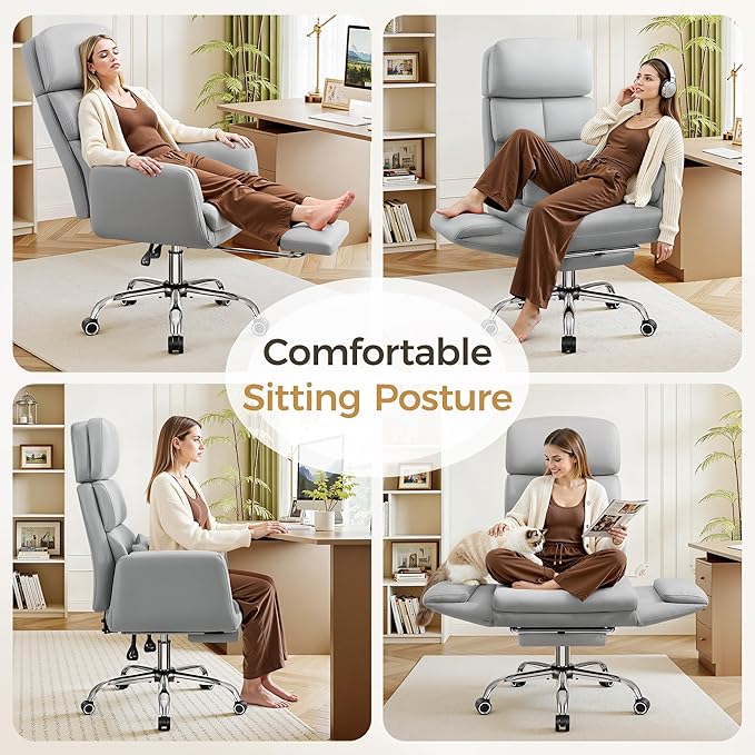 Big and Tall Office Chair 500LBS, Ergonomic High Back Leather Executive Chair, Reclining Swivel with Adjustable Armrests Lumbar Support Footrest, Cross Legged, Light Gray