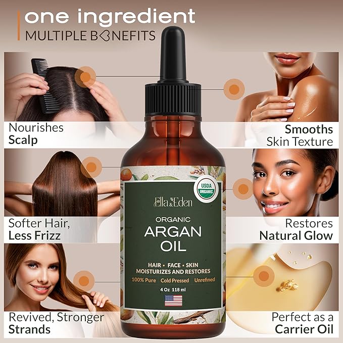 Ella & Eden Organic Rose Water Spray for Face & Organic Argan Oil for Hair & Skin | USDA Certified, Unrefined, 100% Pure, Hexane-Free, 4oz