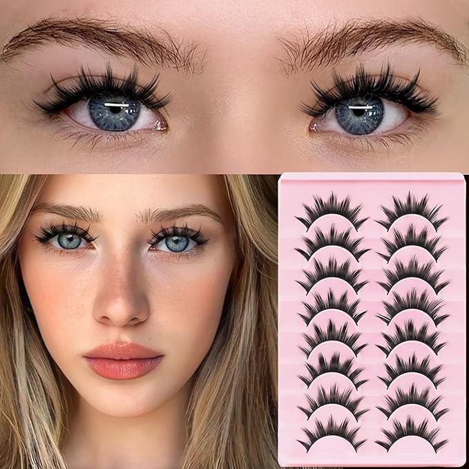 Veleasha Lashes Doll Eyed Spiky Manga Eyelashes Natural False Eyelashes Cospaly Strip Lashes 8D Effect Korean Japanese Asian Fake Eyelash Bambi Lash with Cotton Band 8 Pairs Pack (Bushy)