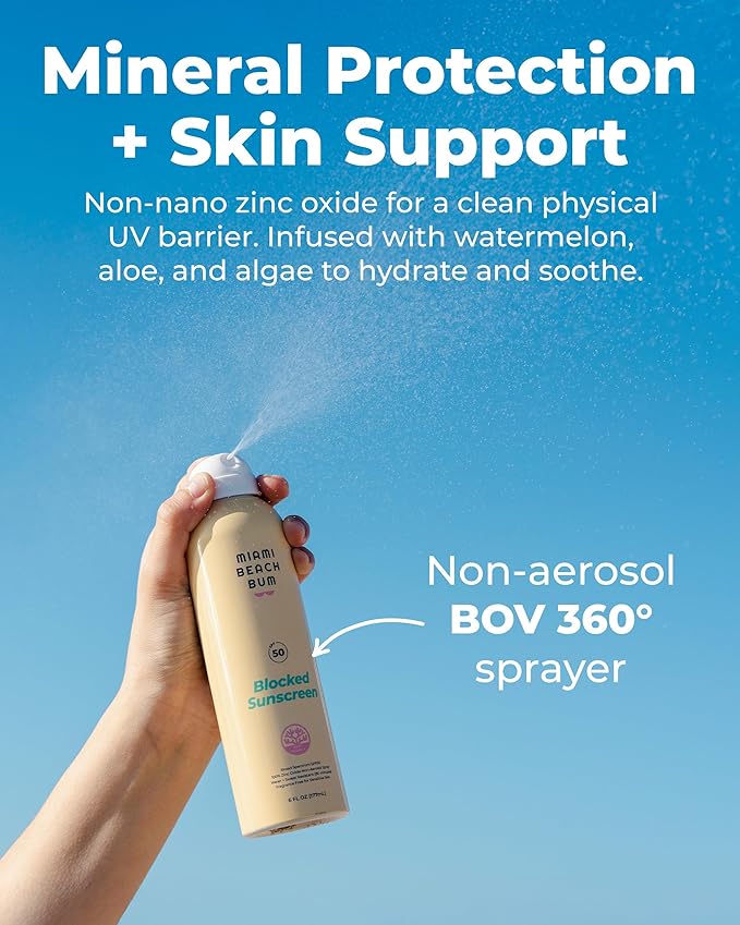Miami Beach Bum SPF 50 Sunscreen Spray - 6 fl oz Reef Safe Water Resistant Sunscreen Blocked Mineral BOV Spray with Algae, Aloe & Antioxidants - Non Aerosol, Hawaii Reef Compliant, Petroleum Free