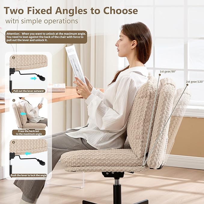 Fizzin Criss Cross Chair,Armless Cross Legged Chair with Wheels,Memory Foam Seat Office Desk Chair with Flipable Back Cushion,Mid Back Swivel Chair for Home Office,Bedroom Vanity (Beige)