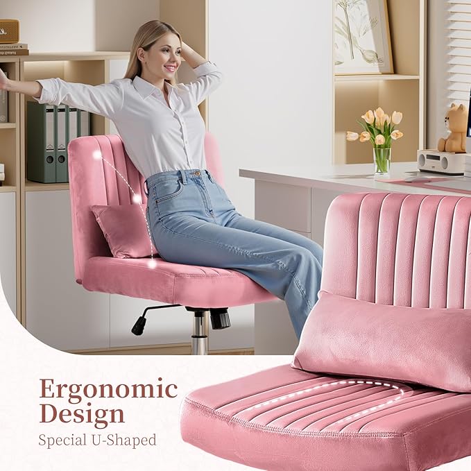 Warmiehomy Velvet Criss Cross Desk Chair with Wheels, Luxury Cross Legged Office Chairs for Home Office, Swivel Wide Seat Vanity Chair, Armless Adjustable Height Gaming Chair Gift, Rose Pink