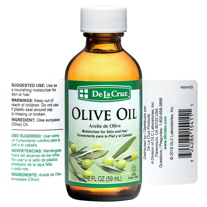 De La Cruz 100% Pure Olive Oil Expeller Pressed for Hair and Skin Lightweight Hair Oil and Moisturizer for Dry Skin and Beauty 2 Fl Oz (2 Bottles)