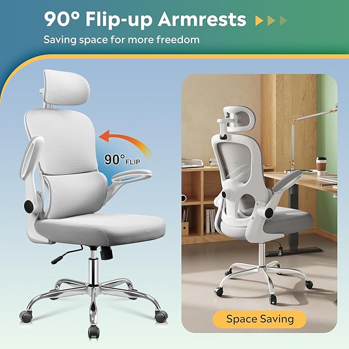 DEVAISE Ergonomic Mesh Desk Chair, Separated-Adjustable Lumbar Support，Large Cushion, Flip-up Armrests, 90-125° Rocking Tilt, for Home Office Computer Gaming, White&Grey