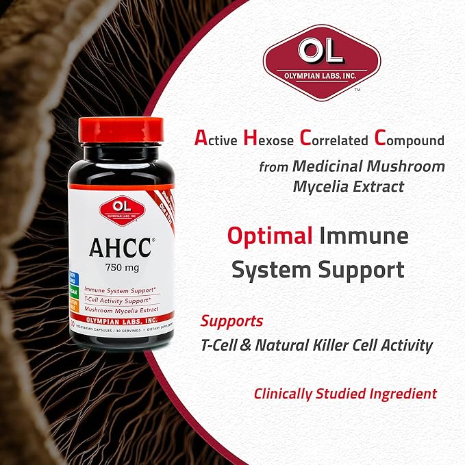 Olympian Labs Premium AHCC Supplement 750mg of AHCC per Capsule – Supports Immune Health, Liver Function, and Natural Killer Cell Activity- 30 Capsules