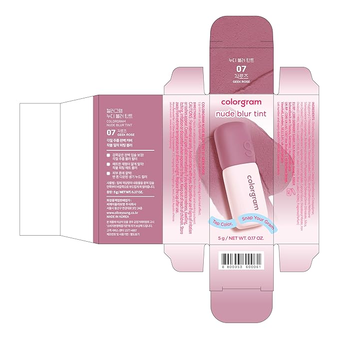 COLORGRAM NUDE BLUR TINT 07 GEEK ROSE | K-Beauty Makeup, Soft-Focus Matte Lip Stain, 2-in-1 Lip & Cheek