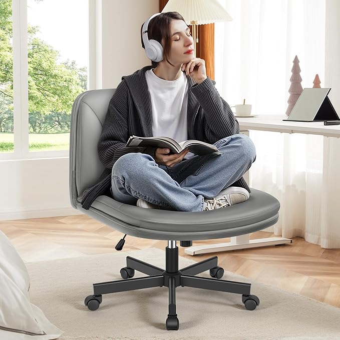 FelixKing Criss Cross Chair with Wheels, Cross Legged Office Chair, Armless Wide Vanity Desk Chair with Comfty PU Leather & Back - Swivel Height Ajustable for Home Office Bedroom, Gray