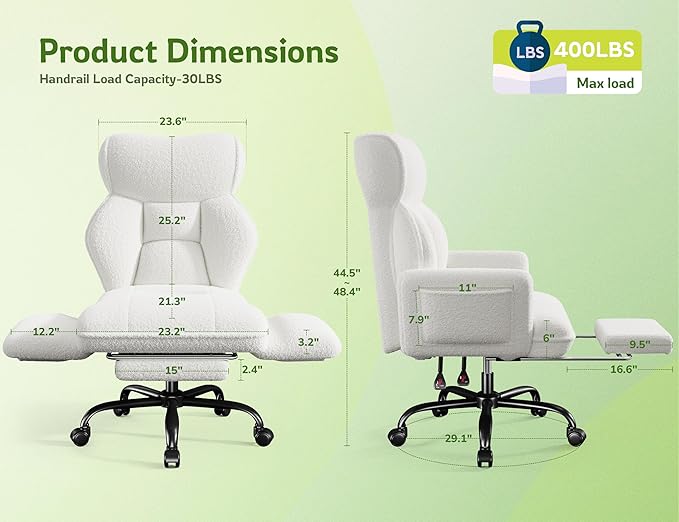 Big and Tall Office Chair with Adjustable Arms and Back, Ergonomic Office Chair with Footrest and Comfortable Fabric for Home Office, Bedroom,White