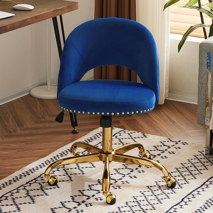 VINGLI Modern Velvet Small Office Chair,Cute Desk Chair with Wheels,Gold Base/Studs, Comfy Armless Swivel Vanity Task Chair for Women/Girl/Kids, Nail Tech Chair for Bedroom,Small Space,Navy Blue