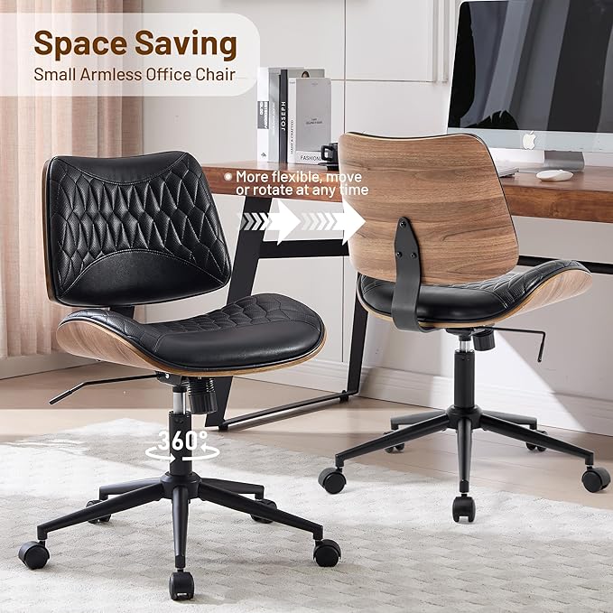 Walnut Bentwood Mid Back Armless Office Chair 1 Pack, Adjustable Height PU Leather Swivel Desk Chair with Wheels, Rolling Computer Task Chair for Home Office, Study, Meeting Room