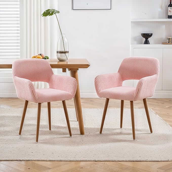 KCC Small Modern Dining Room Arm Chairs Set of 4, Mid-Century Upholstered Corduroy Fabric Side Seat Club Guest with Metal Tube Legs for Kitchen, Living Room, Pink