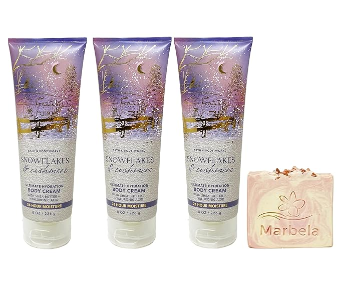 Bath & Body Works Snowflakes & Cashmere 3 Pack Ultimate Hydration Body Cream Bundle with a Himalayan Salts Springs Bar Soap - Full Size