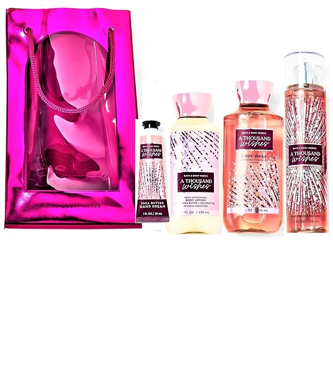 Bath & Body Works A Thousand Wishes - Gift Bag Set - Fine Fragrance Mist 8 Oz, Shower Gel 10 oz , Body Lotion 8 oz and Hand Cream with Shea Butter 1oz with DoTg Bag