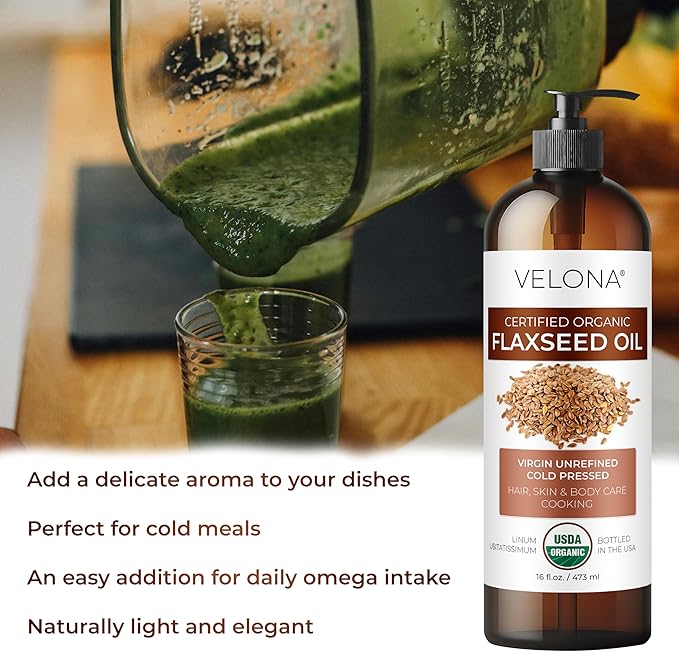 velona USDA Certified Organic Flaxseed Oil - 8 Fl Oz | 100% Pure and Natural Carrier Oil | Unrefined, Cold Pressed |Body, Face & Skin Care | Use Today - Enjoy Results…