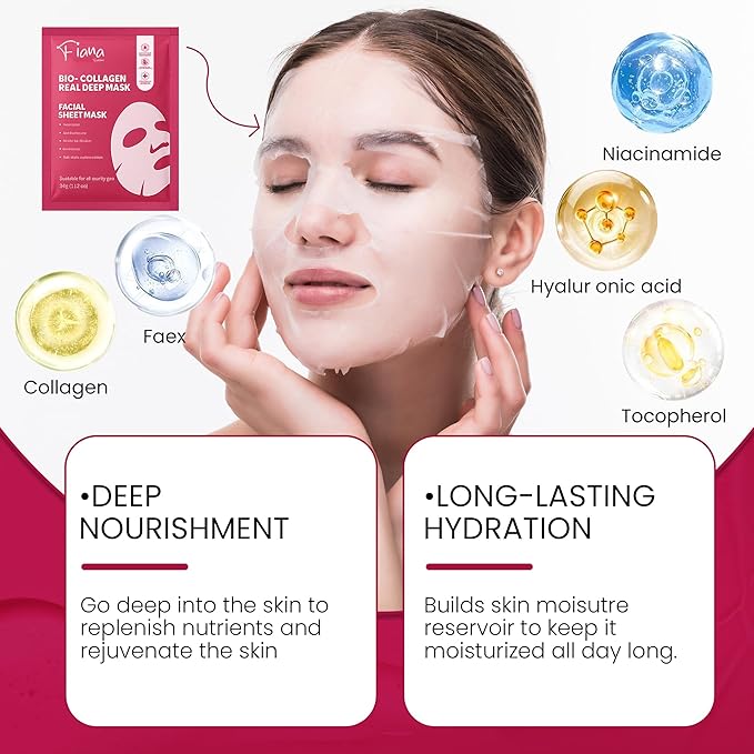 Bio Collagen Face Mask - Real Masks Deep Hydration, Reduce Wrinkles, Night Treatment Pore Minimizing Moisturizing Korean Skincare,34g x4ea
