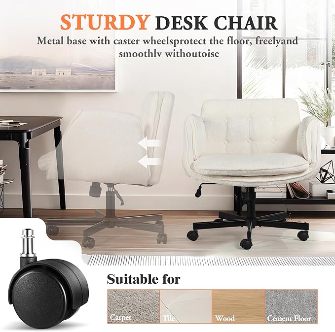 Criss Cross Chair with Wheels & Arms, Chenille Cross Legged Office Chair with 5-level Folding Armrest, Comfortable Adjustable Swivel Vanity Chair for Home, Make Up, Bed Room, Office, Accent (White)