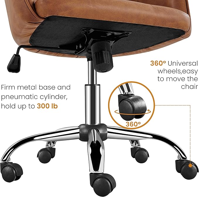 Yaheetech Home Office Desk Chair Vanity Chair with Back Small Leather Computer Chair with Swivel Wheels Modern Accent Armchair for Office Bedroom Retro Brown