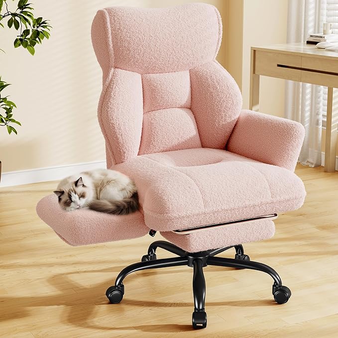 Big and Tall Office Chair with Adjustable Arms and Back, Ergonomic Office Chair with Footrest and Comfortable Fabric for Home Office, Bedroom,Pink