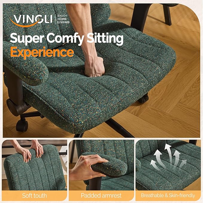 VINGLI Criss Cross Chair with Adjustable Flip-Up Arms,Cross Legged Chair with Wheels,Extra Wide Office Chair,Desk Chair for Home,Office,Vanity,Bedroom,Apartment,Starry Chenille,Dark Green