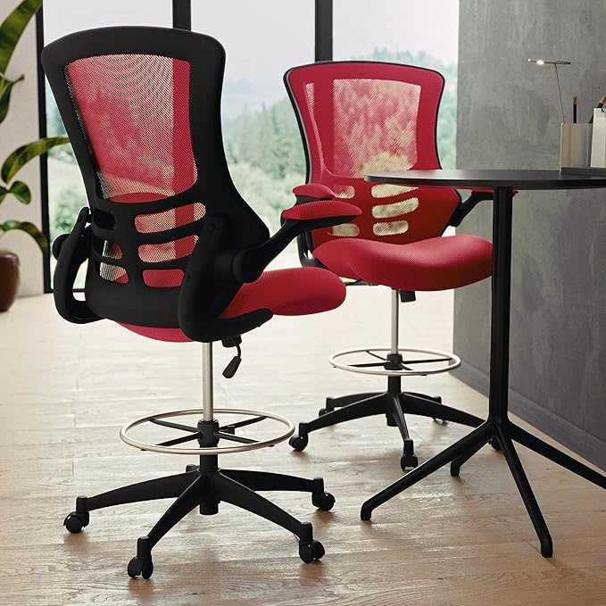 Flash Furniture Kelista Mid-Back Swivel Office Chair with Adjustable Seat Height, Ergonomic Mesh Desk Chair with Flip-Up Armrests, Red