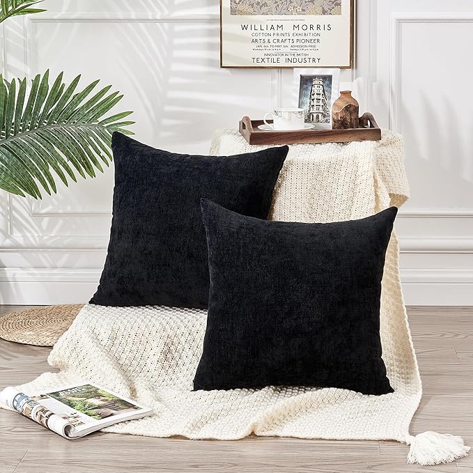 GAWAMAY Decorative Square Throw Pillow Covers 18"x18" Inch Set of 2, Super Soft Chenille Pillows Farmhouse Fall Pillowcase for Living Room Bedroom Sofa Couch Cushion Cover Black 45x45cm (No Insert)