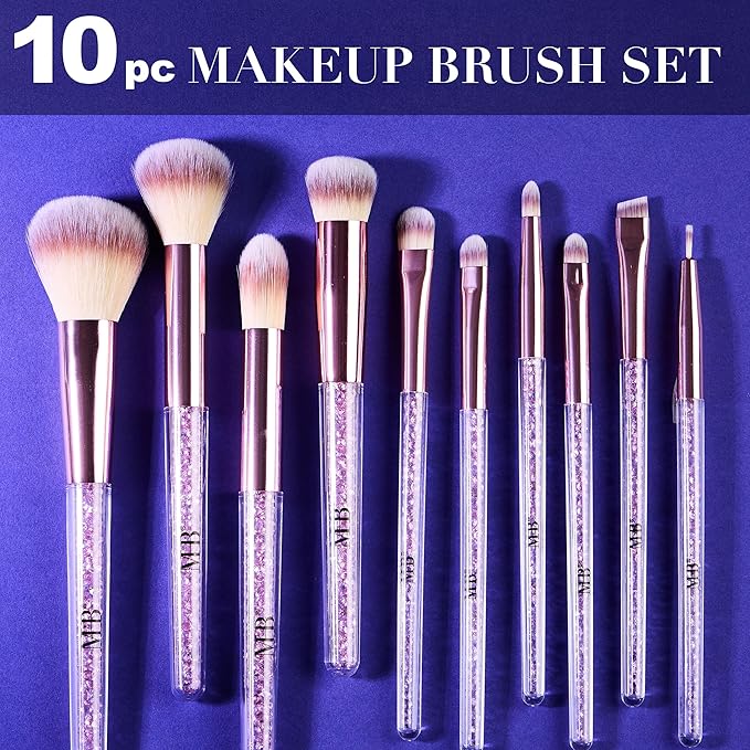10pc Pro Makeup Brush Set w/Sparkling Gemstones in Pink- 10 Quality Soft Bristle Makeup Brushes For Everyday Use - Professional Makeup Brushes & Tools
