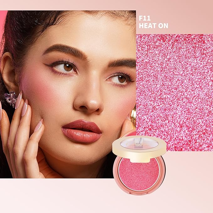 Oulac Pink Luminisers Powdery Blusher for Cheeks Face Glow,Brighten Skin As Highlighter Makeup, Shimmer Blusher,Buildable and Vegan Cosmetics,4.8g F11 Heat On