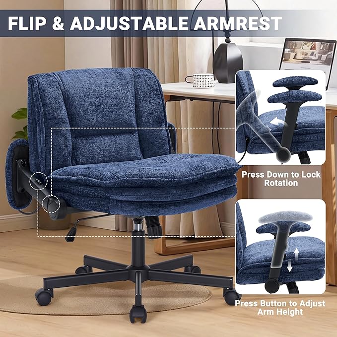 Criss Cross Chair with Wheels and Flip Arms, Upholstered Cross Legged Office Chair with 3 Layer Cushions&Dynamic Airbag Lumbar Support, Wide Seat Comfy Desk Chair for Home Office, Living Room, Navy