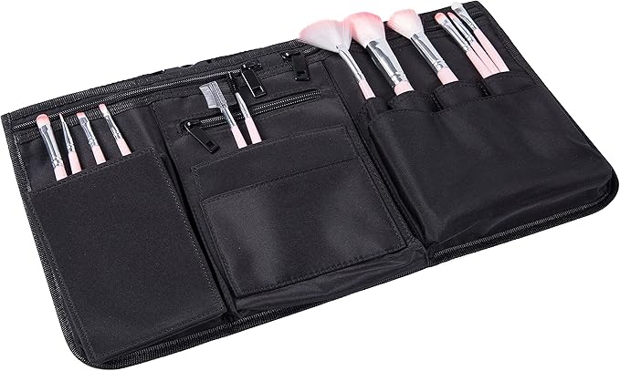 MyGift Professional Black Salon Apron, Makeup Artist Cosmetic Canvas Waist Apron, Multiple Pocket Brush Bag Organizer