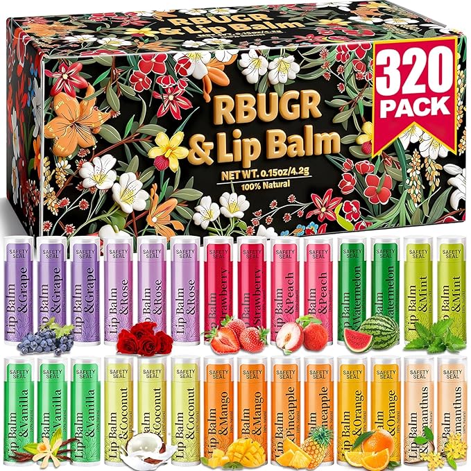 320 Pcs Lip Balm Bulk- Natural Moisturising Organic Set for Cracked Lips, 12-Flavored Professional Pack Bulk Gifts Valentine Party Favors (4.2g/0.15oz)