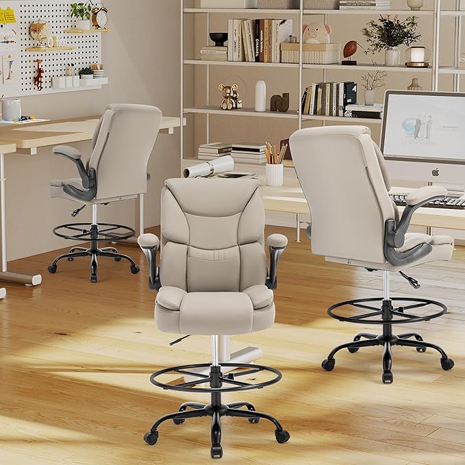 Ergonomic Drafting Chair, Tall Office Chair for Standing Desk, High Back Standing Desk Chair with Flip-Up Armrest, Adjustable Height&Foot Ring, Executive PU Leather Extended Height Office Chairs,Beige