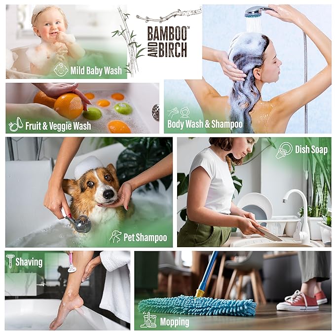 BAMBOO AND BIRCH Pure Castile Soap Liquid, Certified Palm Oil Free Natural Soap, Peppermint, 64 oz