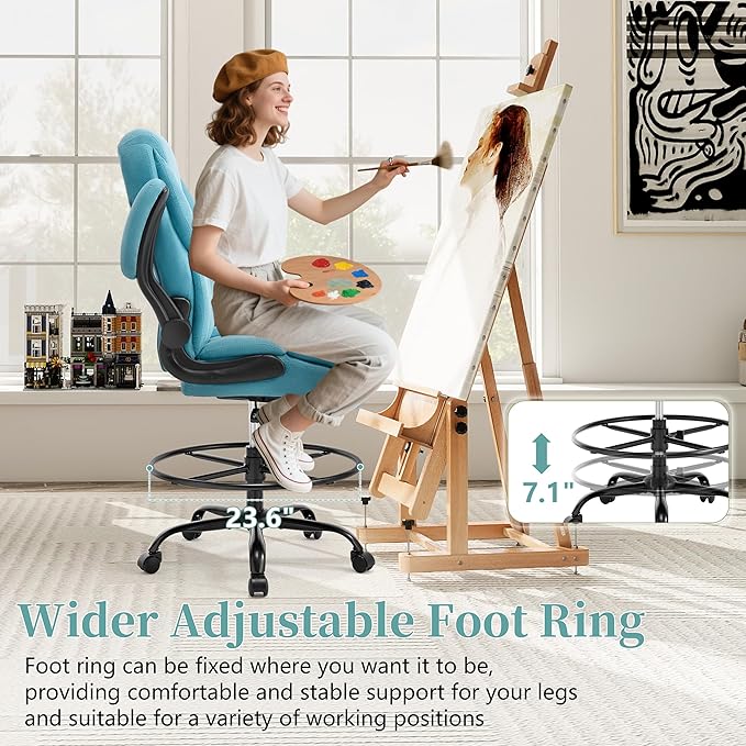 Ergonomic Drafting Chair, Tall Office Chair for Standing Desk, High Back Standing Desk Chair with Flip-Up Armrest, Adjustable Height & Foot Ring, Executive Fabric Extended Height Office Chairs, Blue