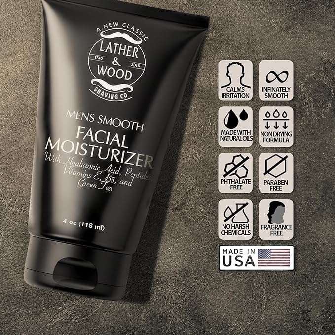 Face Moisturizer for Men - Lather & Wood's Luxurious Sophisticated Face Lotion for the Regular Guy. Fragrance-Free Facial Cream for Men. (Unscented, 4 ounce)