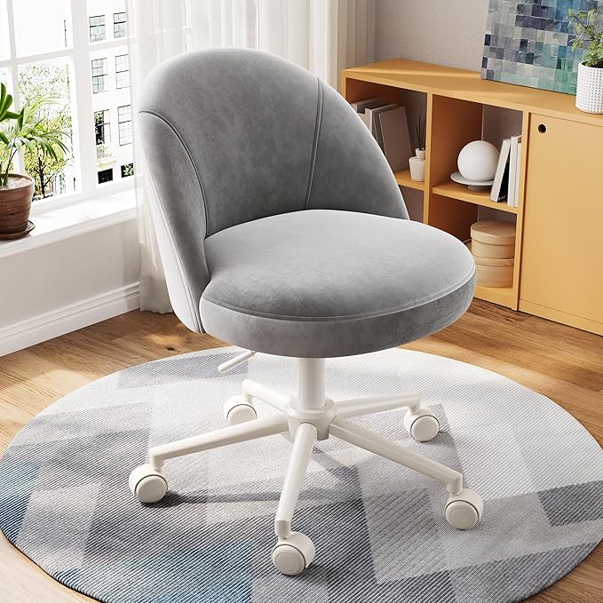 EnHomee Vanity Chair with Wheels, Cute Desk Chair Comfy with Back,Small Office Chair with Adjustable Rolling Swivel for Makeup Room Bedroom, Home Office, Armless,Muted Grey