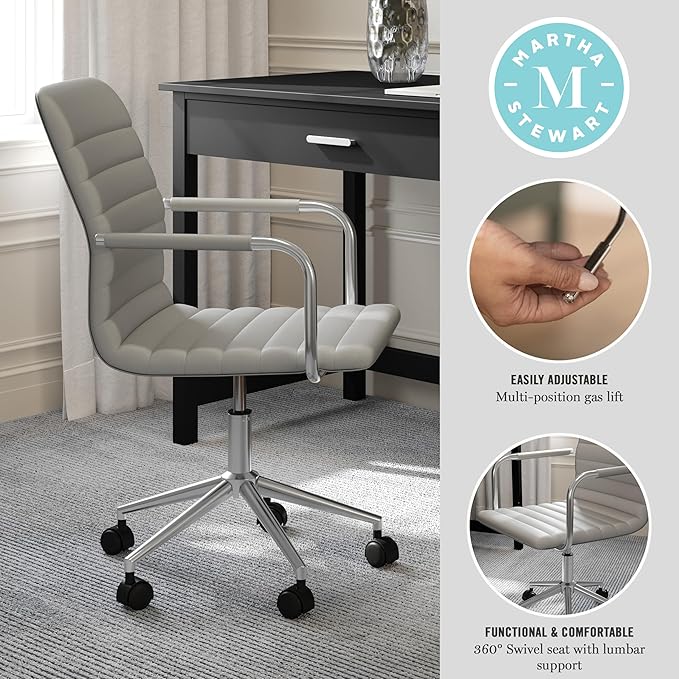 Martha Stewart Taytum Swivel Task Chair with Armrests for Home Office in Gray Faux Leather with Polished Nickel Frame