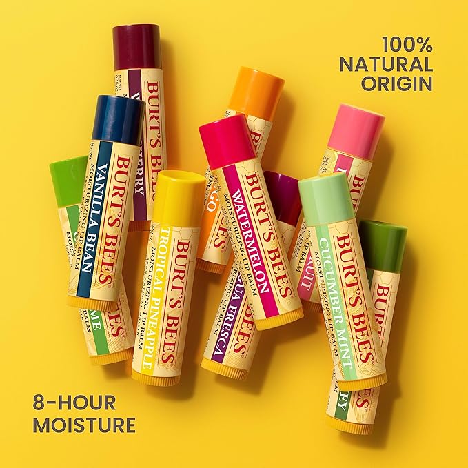 Burt's Bees Lip Balm, Beeswax, Strawberry, Coconut and Pear, and Vanilla Bean Pack, With Responsibly Sourced Beeswax, Tint-Free, Natural Lip Treatment, 4 Tubes, 0.15 oz.