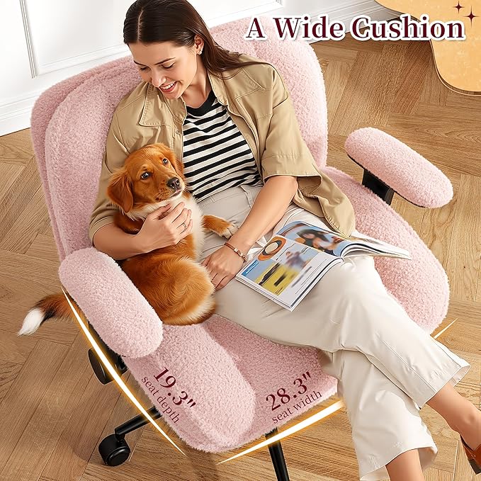 Criss Cross Chair with Wheels,Wide Cross Legged Office Chair with Flip-Up Arms & Extra-Deep Seat Thickened for Home Office, Vanity Chair for Apartment,Plush Cushion,Comfy,Pink